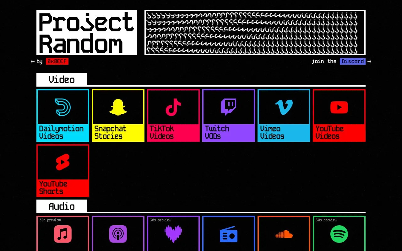 Project Random homepage screenshot