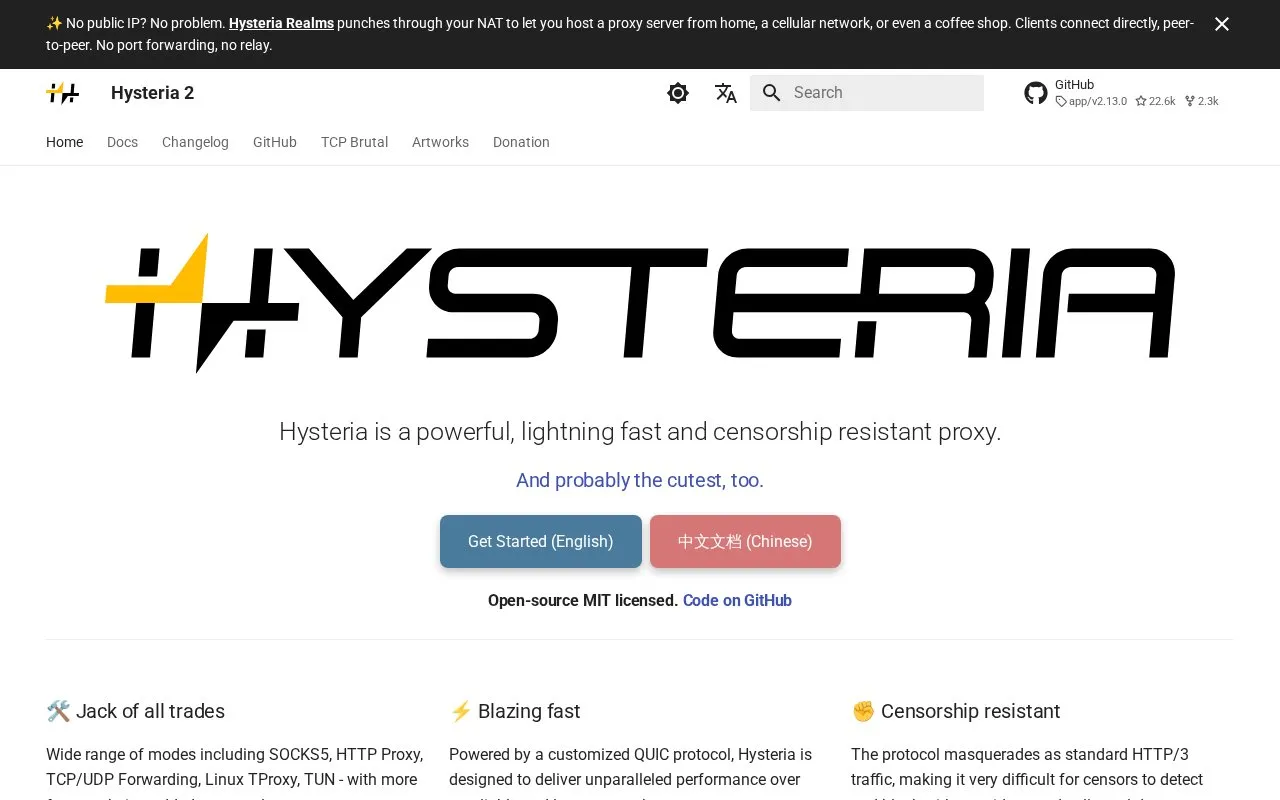 Hysteria homepage screenshot