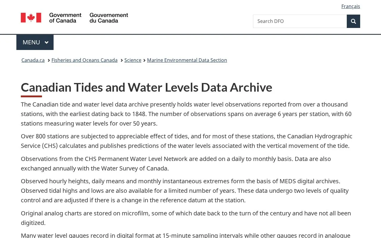 Canadian Tides and Water Levels Data Archive homepage screenshot