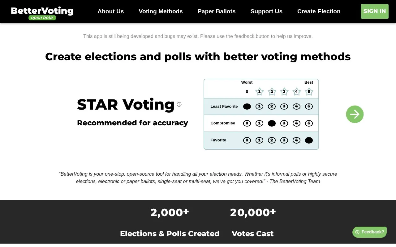 BetterVoting homepage screenshot
