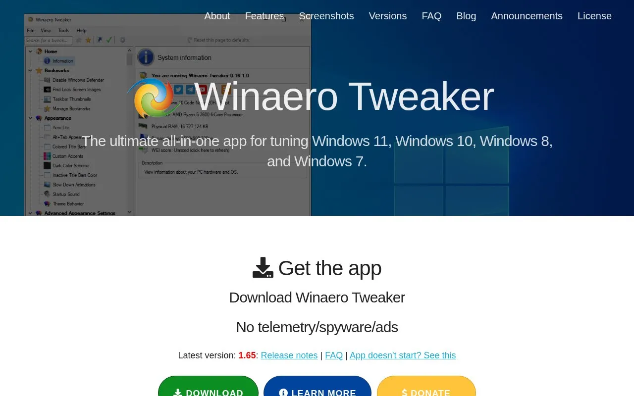 Winaerotweaker homepage screenshot