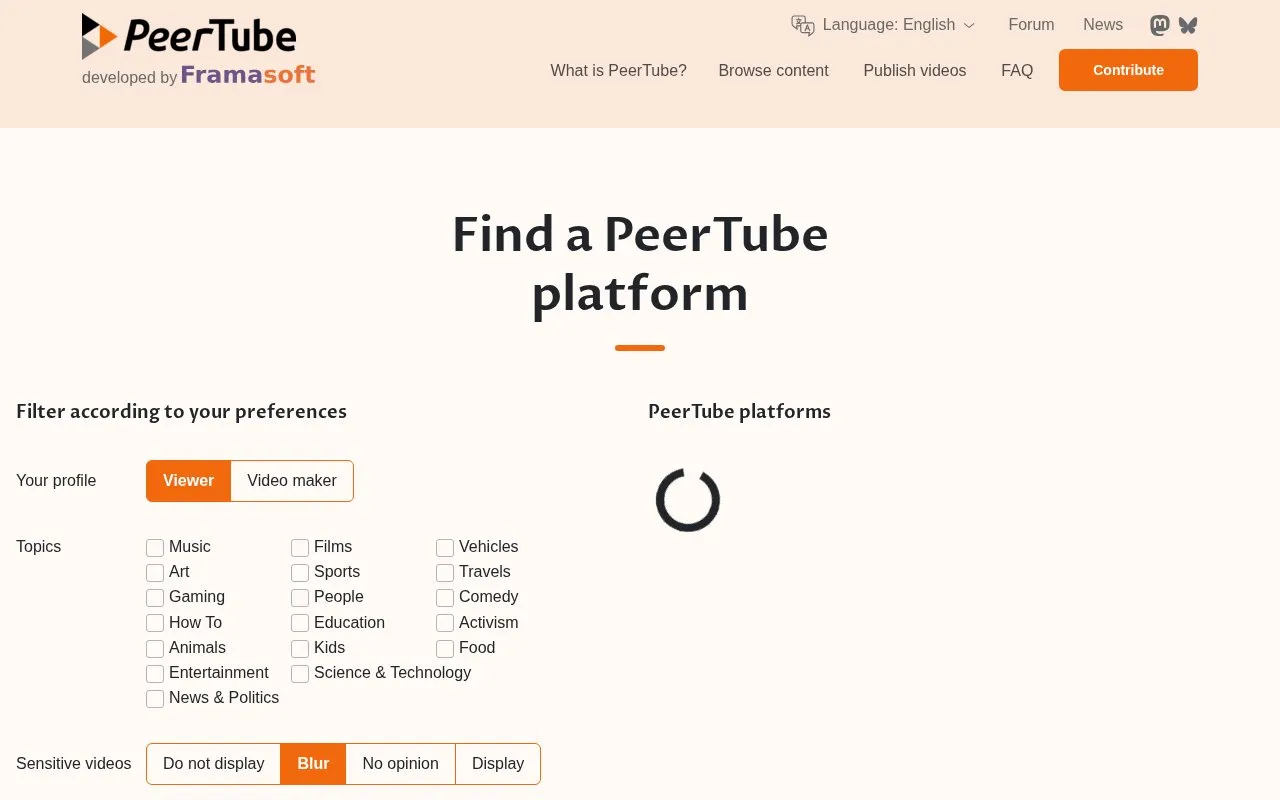 Peertube Instances homepage screenshot