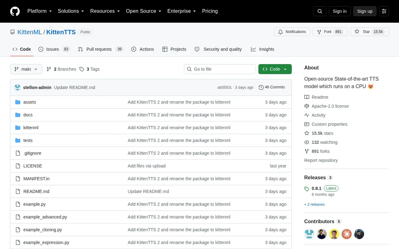KittenTTS homepage screenshot