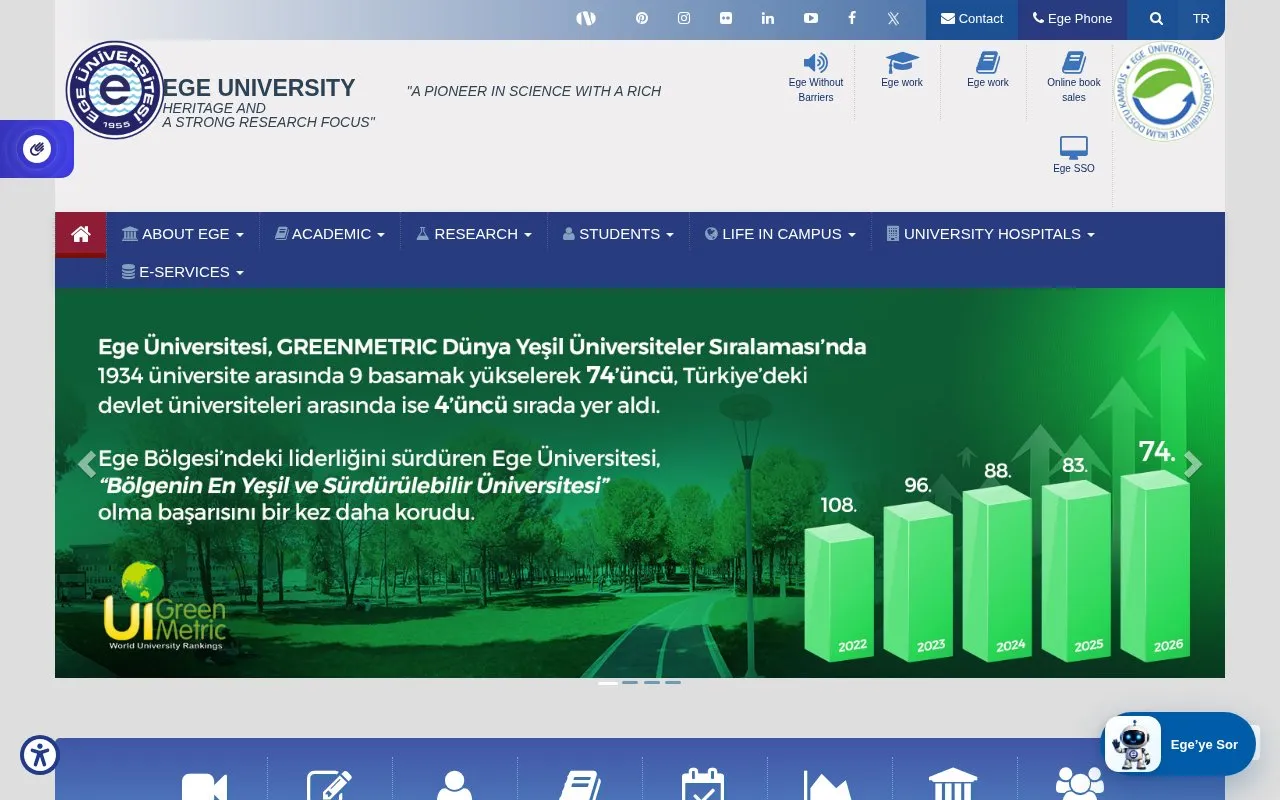 Ege University homepage screenshot