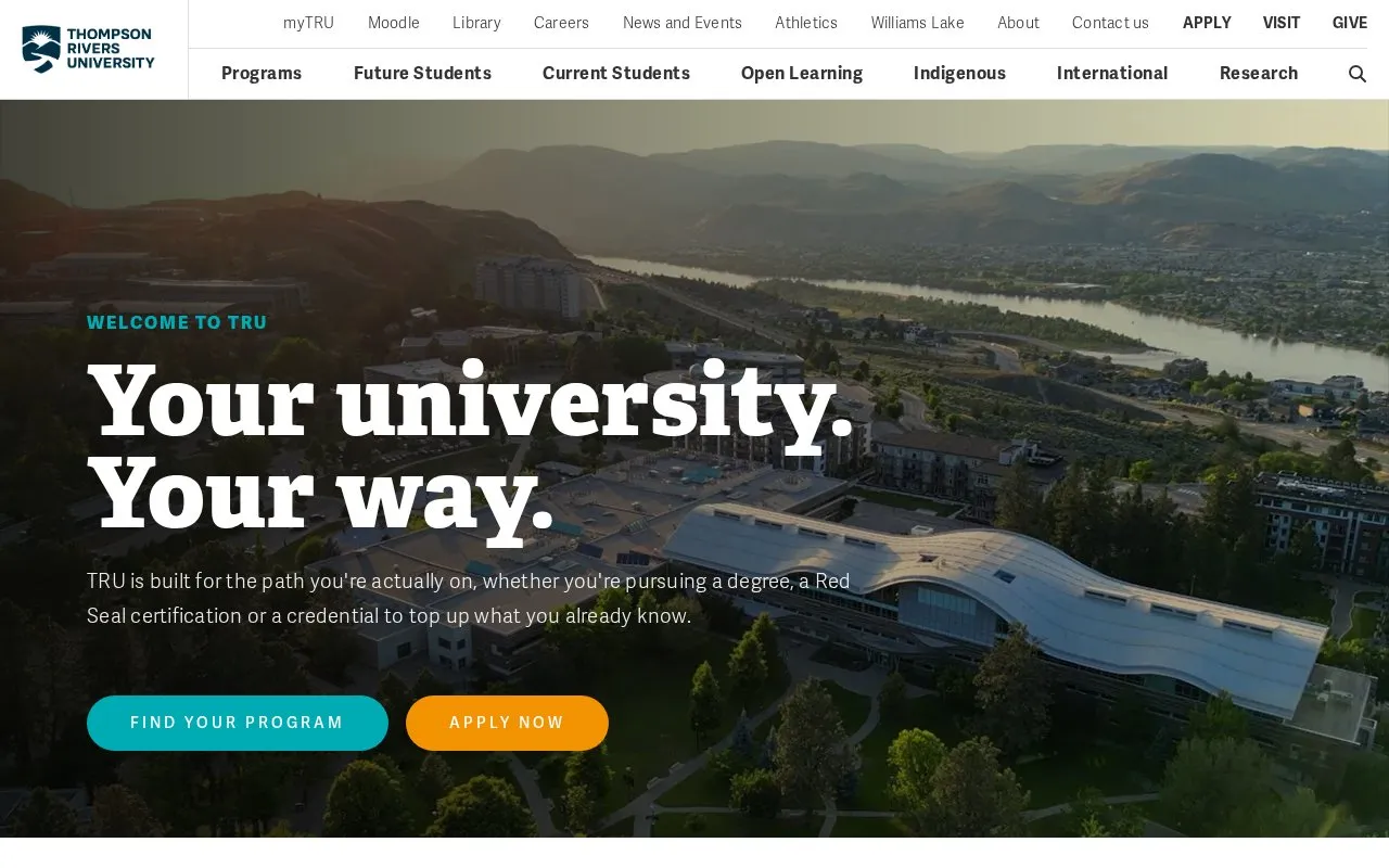 Thompson Rivers University homepage screenshot