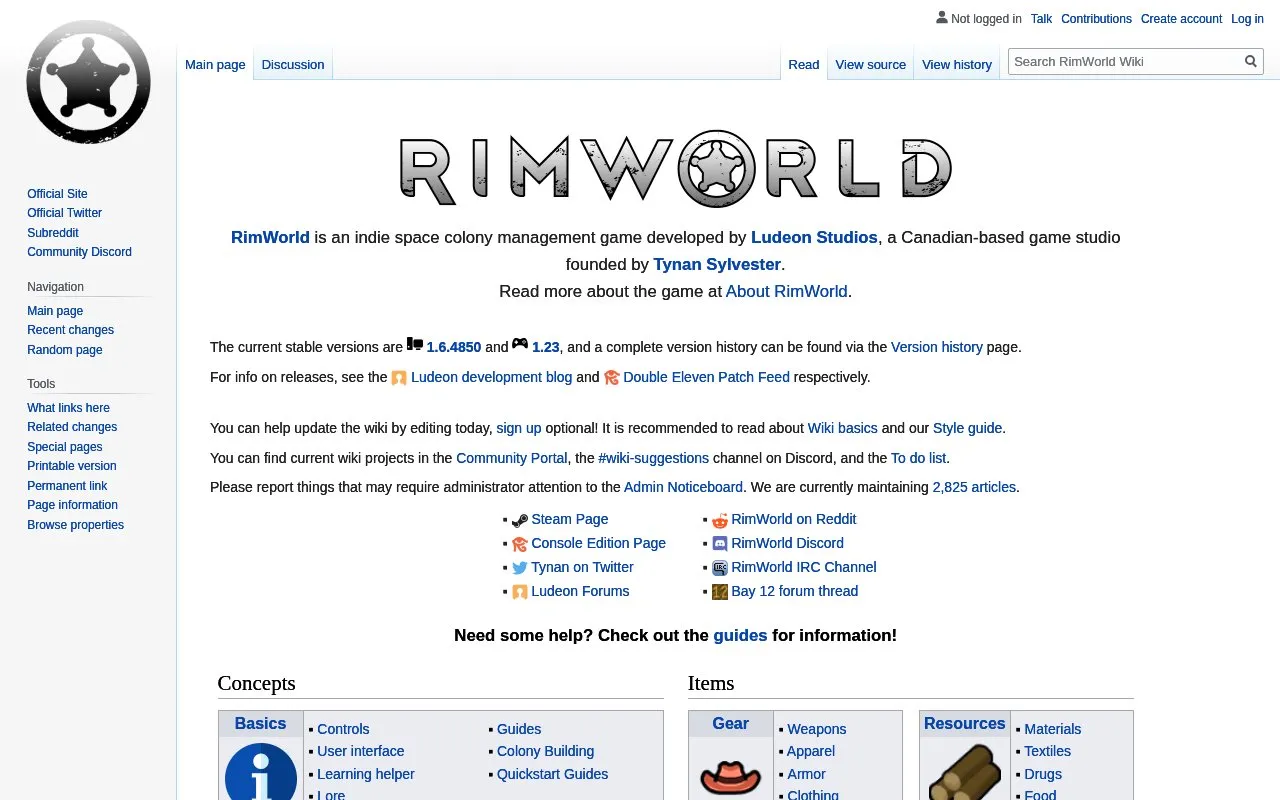 RimWorld Wiki homepage screenshot
