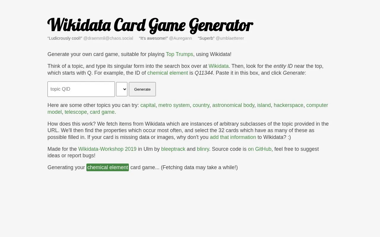 Wikidata Card Game Generator homepage screenshot