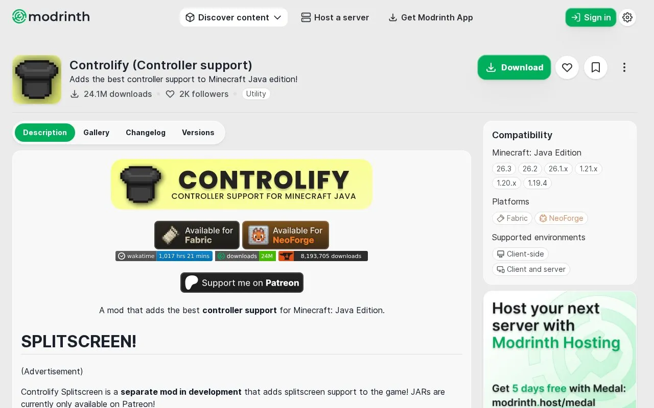 Controlify homepage screenshot