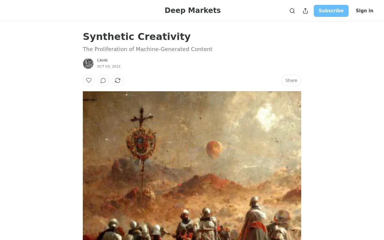 Synthetic Creativity - by Cavin - Deep Markets homepage screenshot