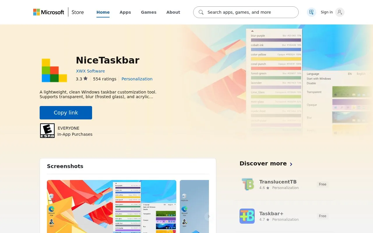 NiceTaskbar homepage screenshot