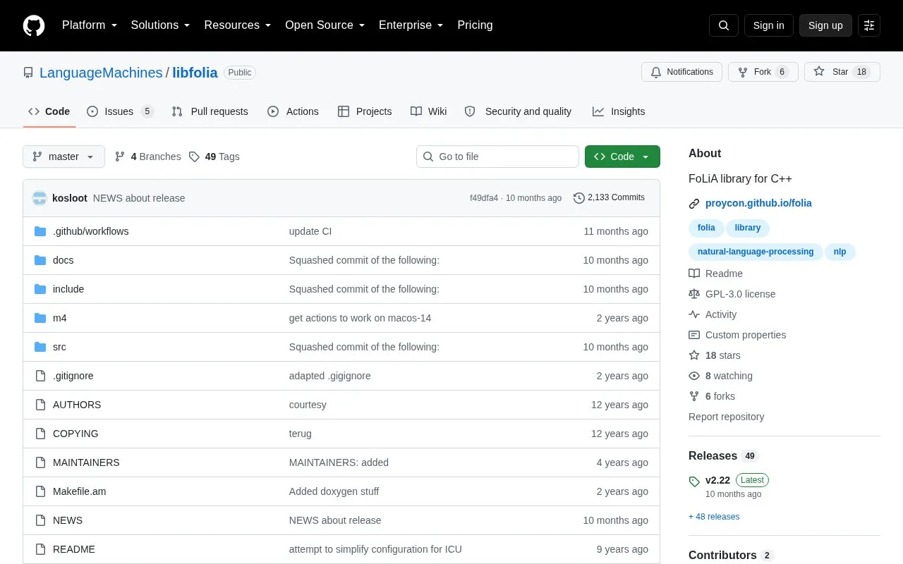 libfolia homepage screenshot