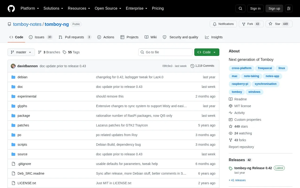 tomboy-ng homepage screenshot