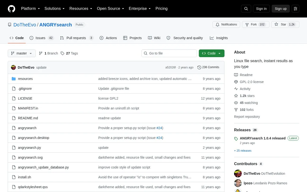 ANGRYsearch homepage screenshot