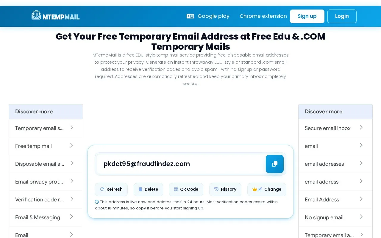 MTempMail homepage screenshot