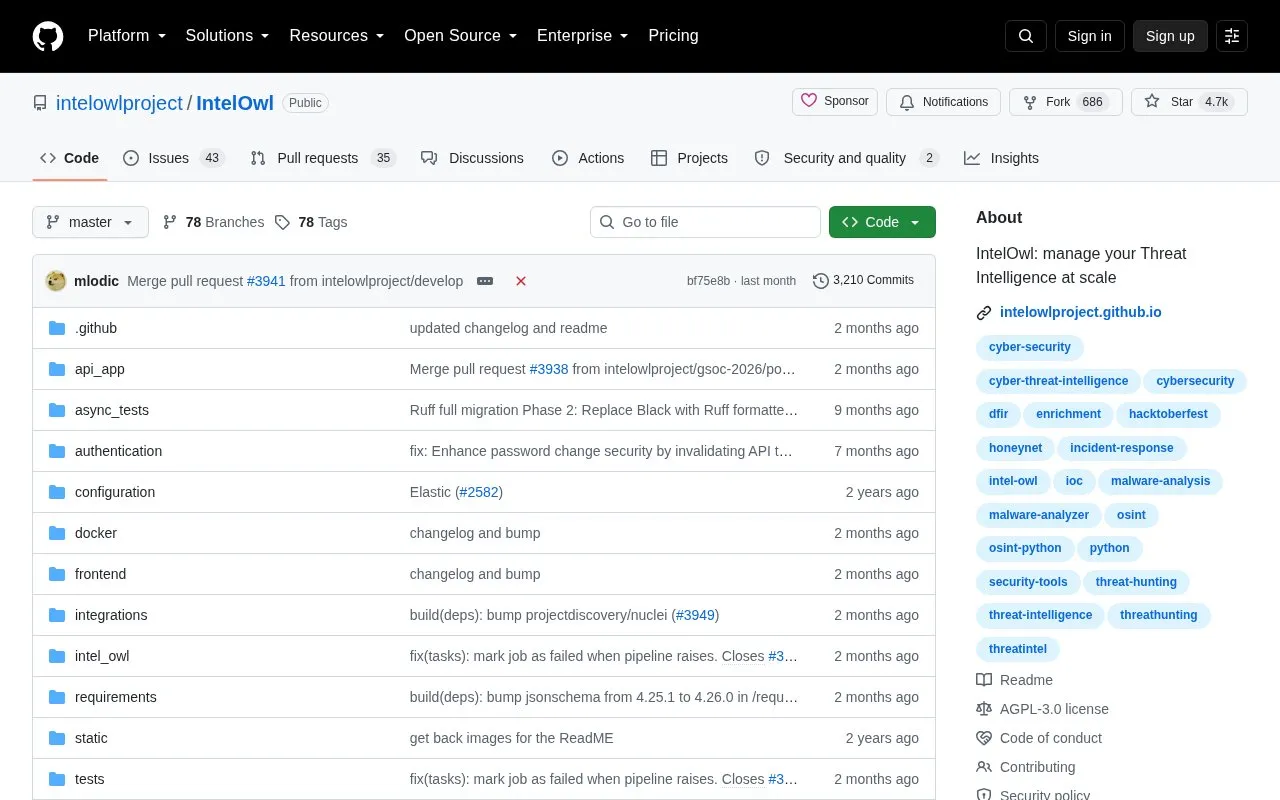 intelowlproject/IntelOwl homepage screenshot