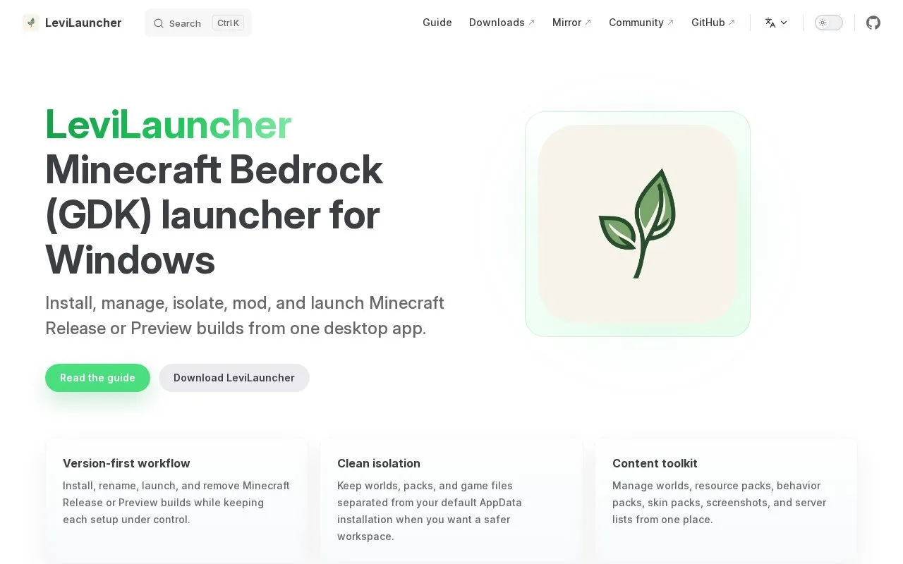 LeviLauncher homepage screenshot