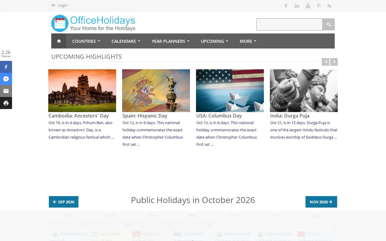 Office Holidays homepage screenshot