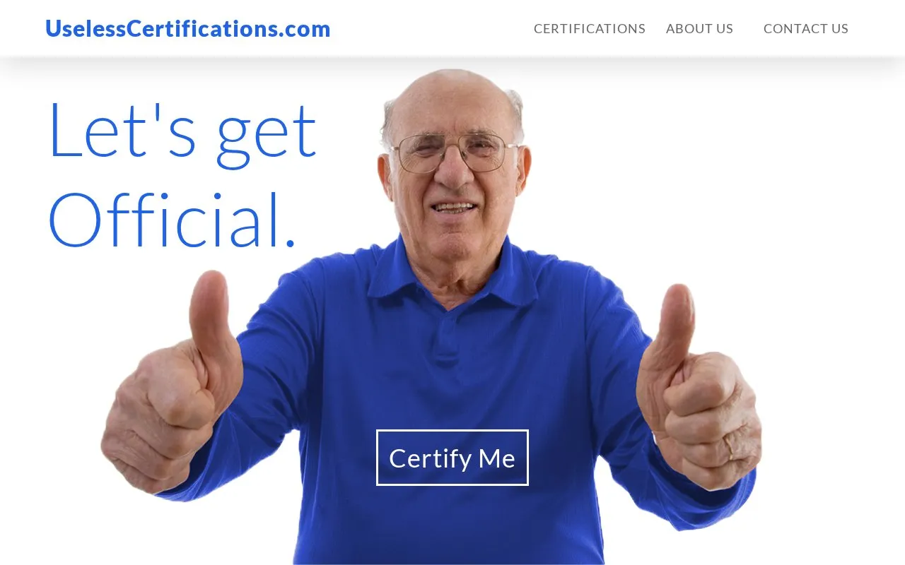 Useless Certifications homepage screenshot