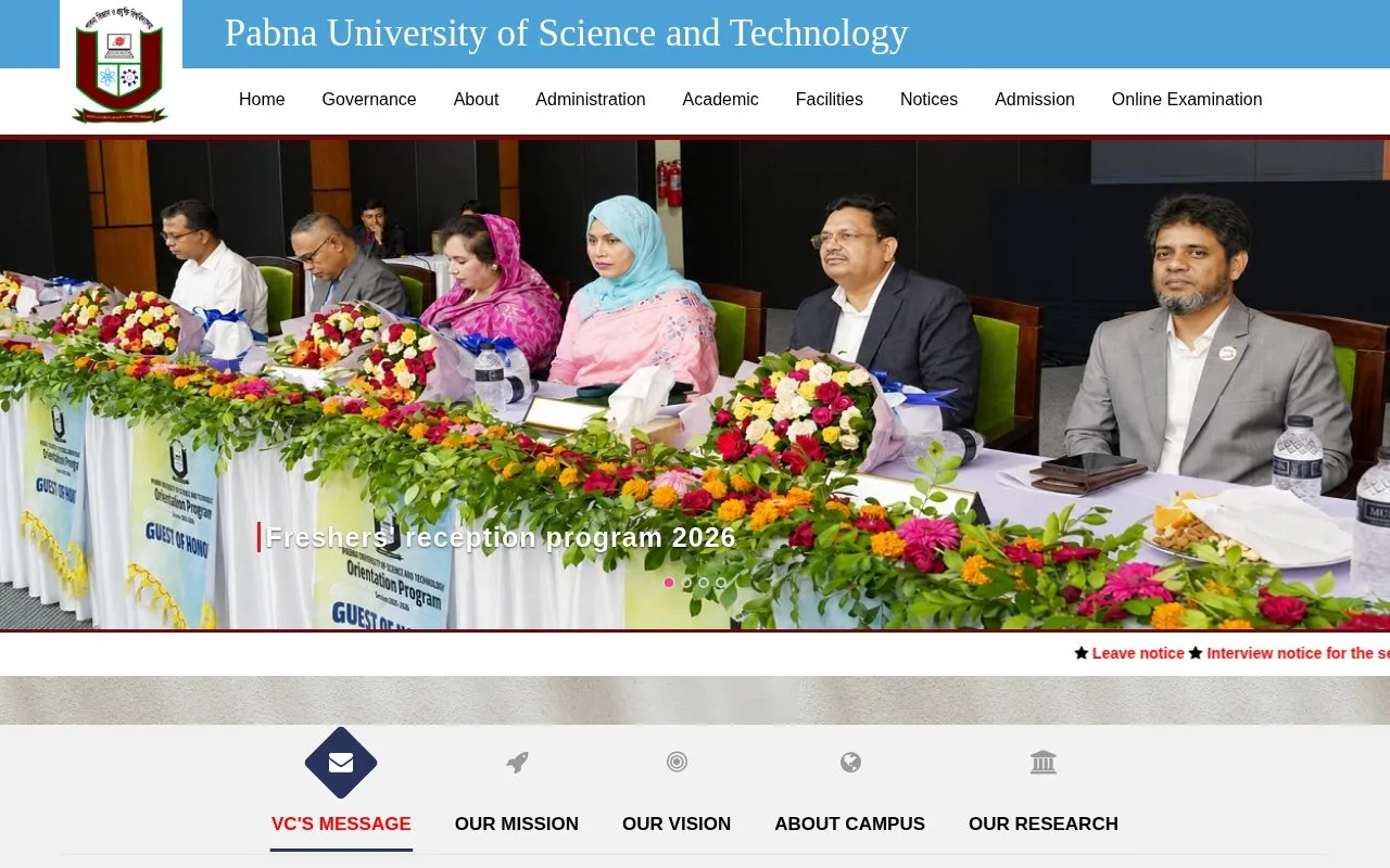 Pabna University of Science and Technology homepage screenshot