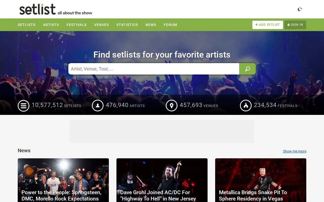 setlist.fm homepage screenshot