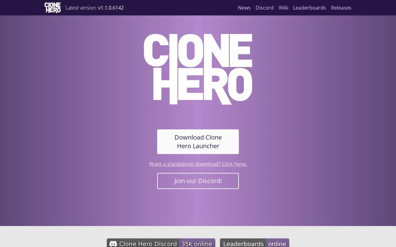 Clone Hero homepage screenshot