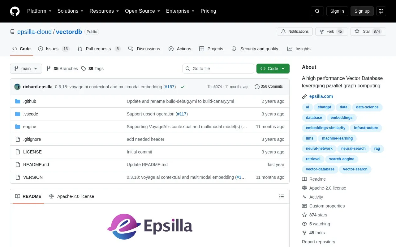 Epsilla homepage screenshot