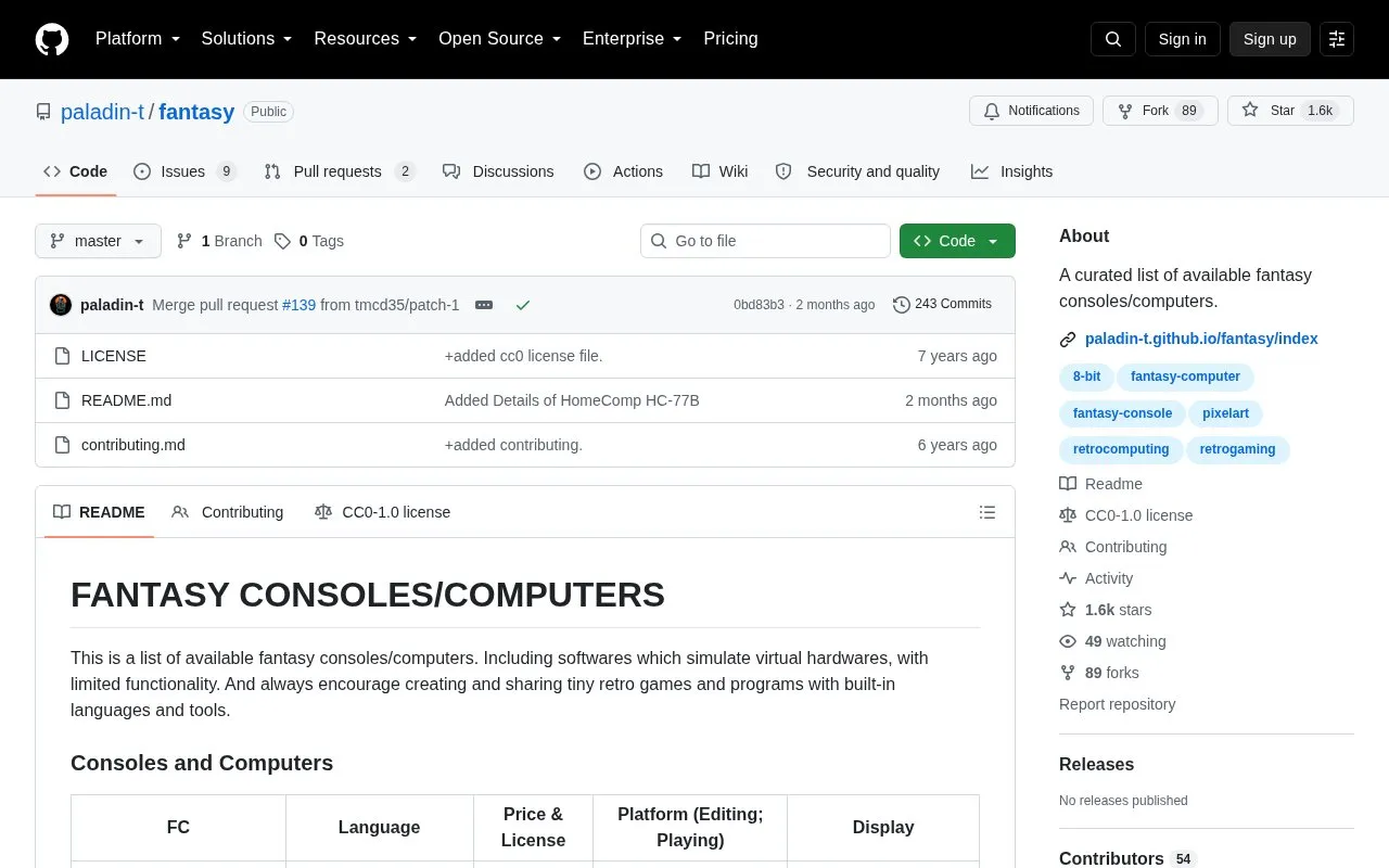 Fantasy Consoles / Computers homepage screenshot