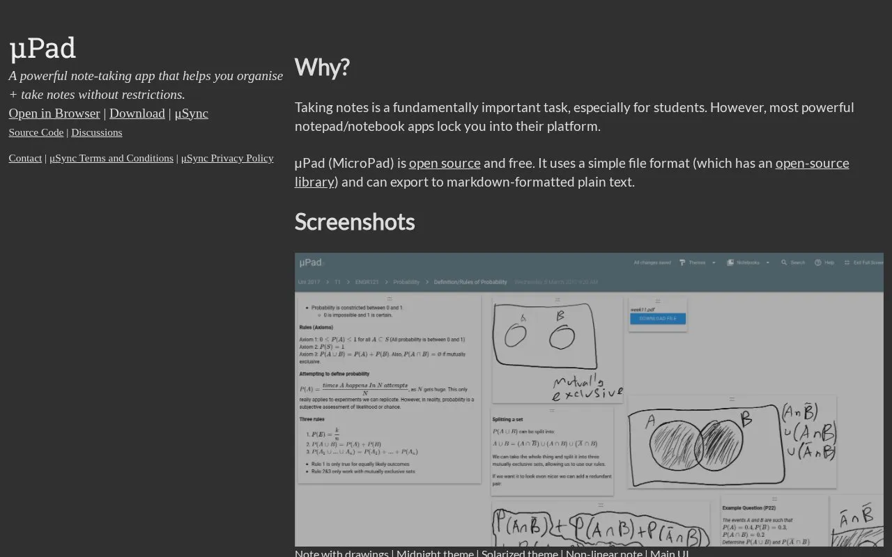 MicroPad homepage screenshot