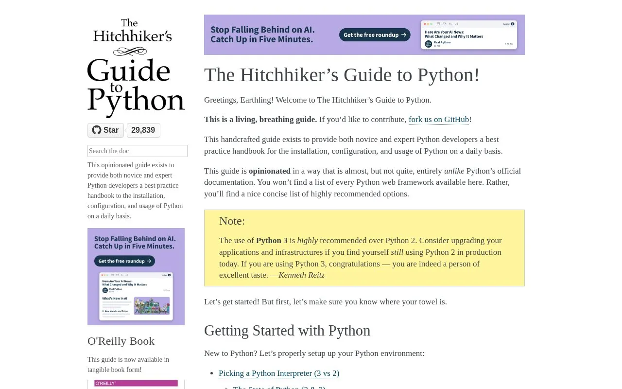 Hitchhiker's Guide to Python homepage screenshot