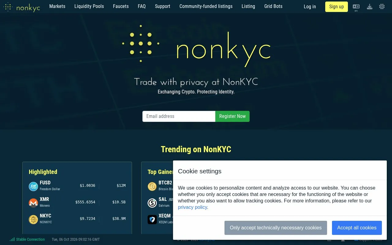 NonKYC homepage screenshot