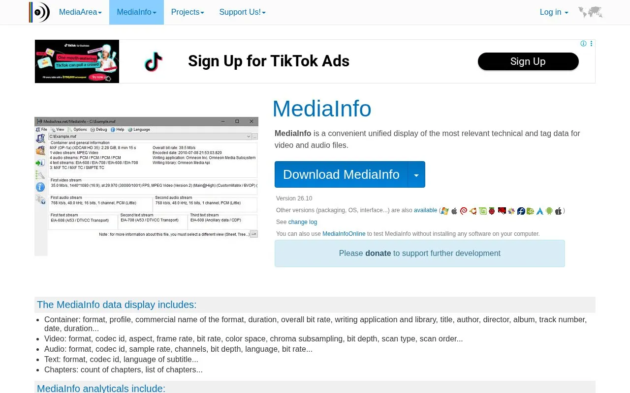 MediaInfo homepage screenshot