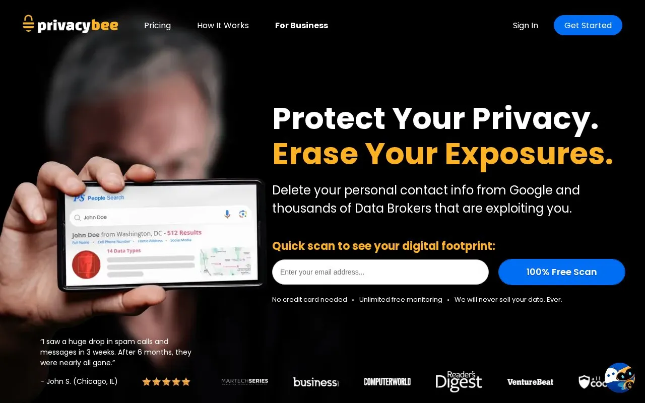 Privacy Bee homepage screenshot