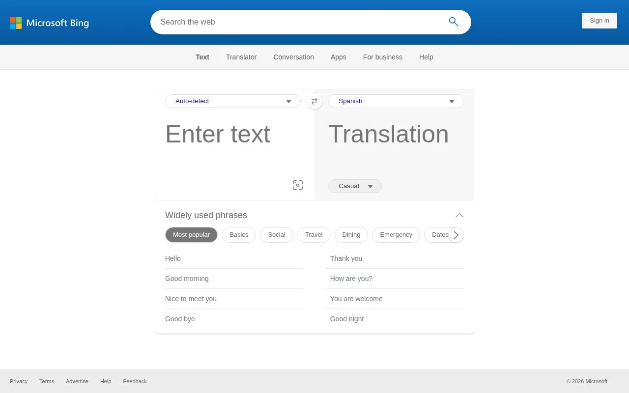 Bing Microsoft Translator homepage screenshot