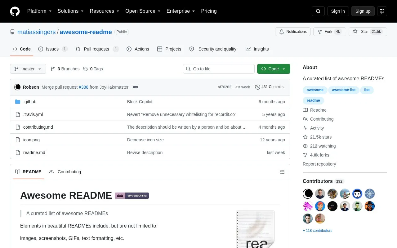 Awesome README homepage screenshot