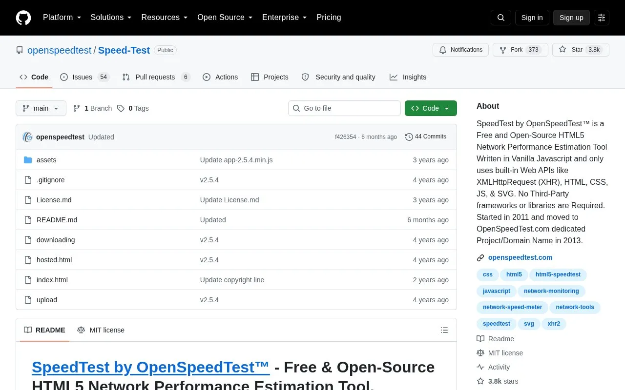 Speed Test homepage screenshot