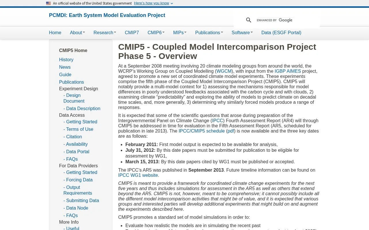 Coupled Model Intercomparison Project homepage screenshot