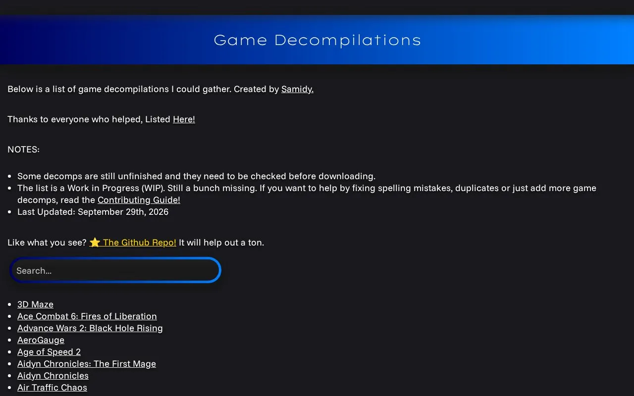 Decomps homepage screenshot