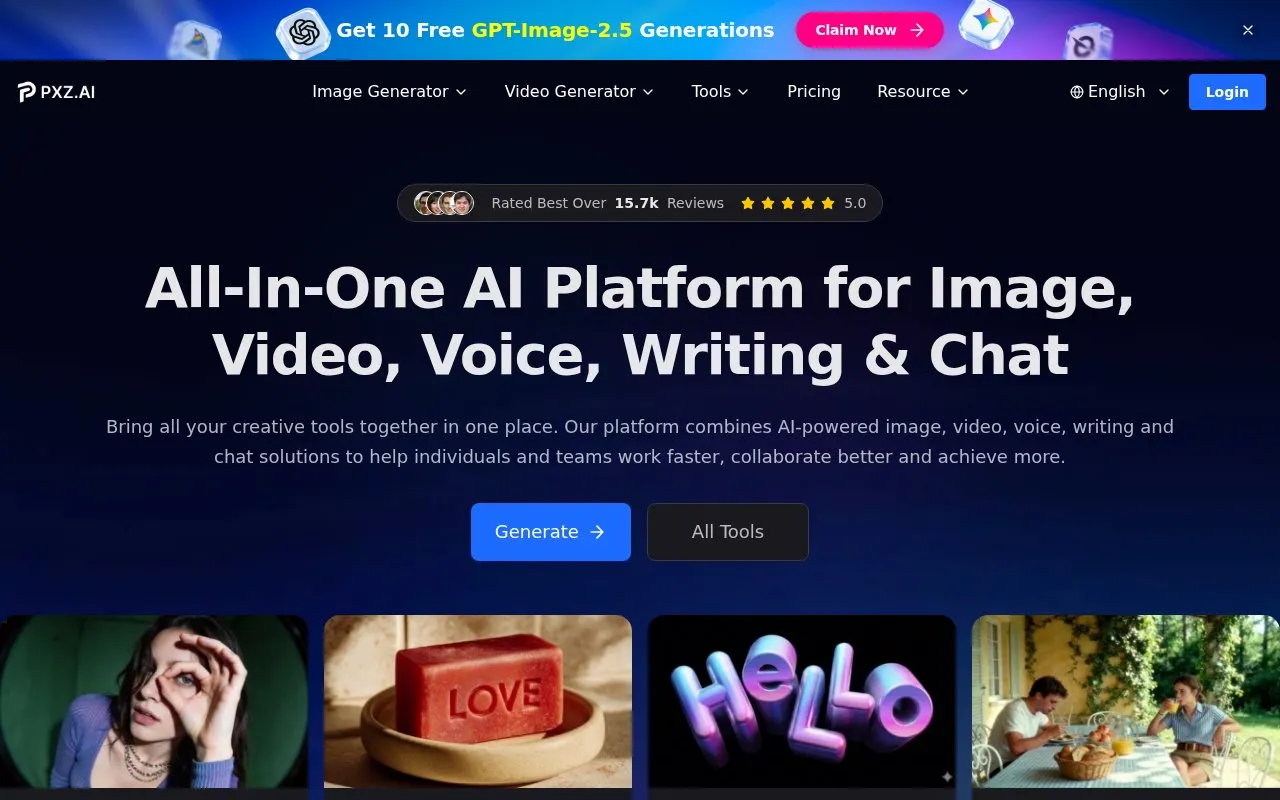 PXZ AI homepage screenshot