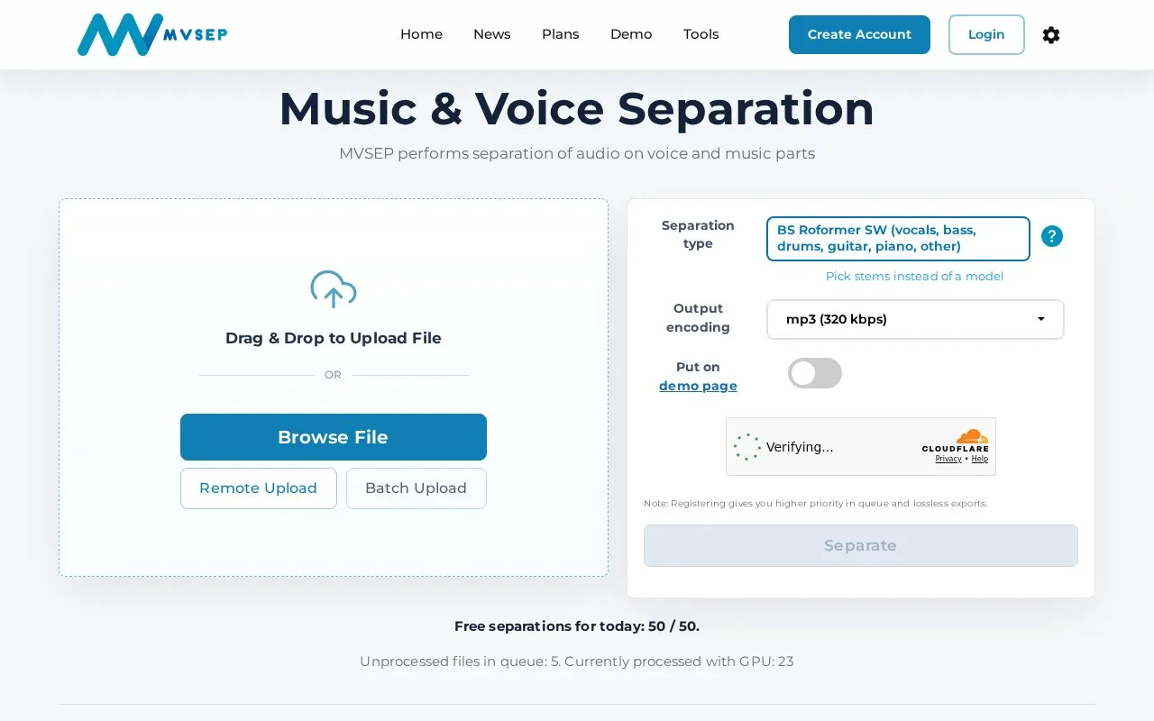 MVSEP homepage screenshot