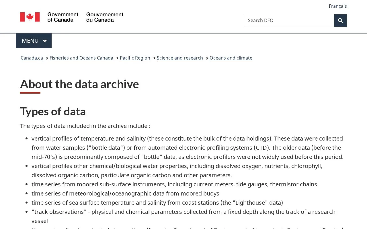 Fisheries and Oceans Canada Pacific Region Data Archive homepage screenshot
