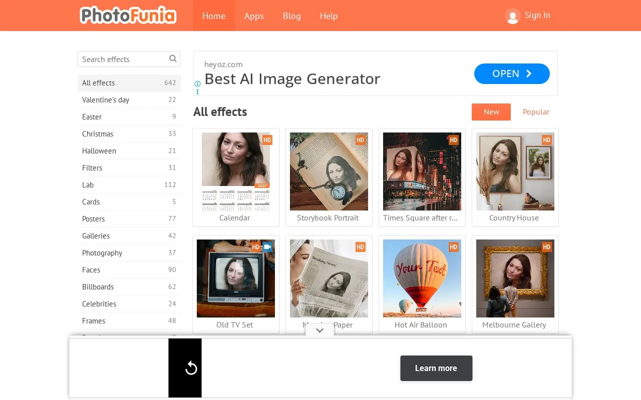 PhotoFunia homepage screenshot