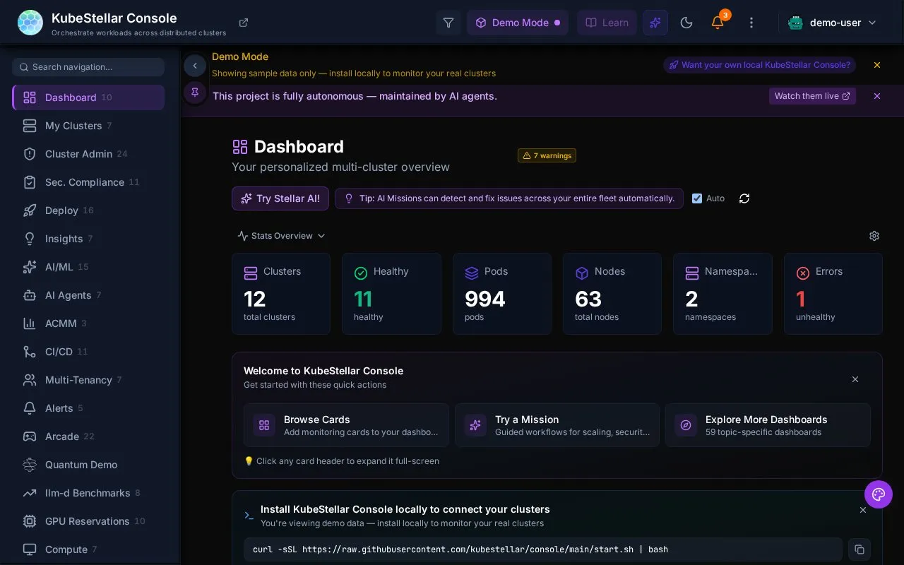 KubeStellar Console homepage screenshot