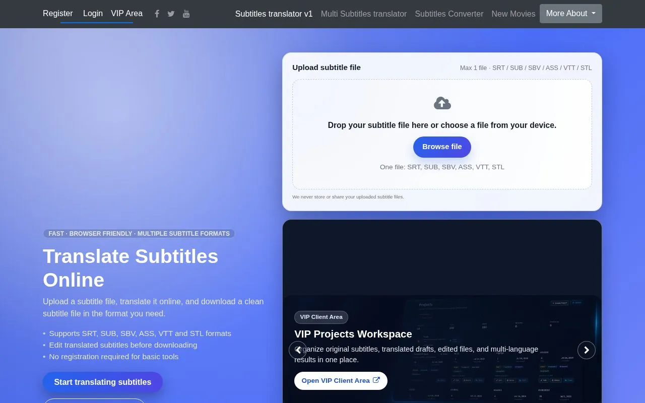 TranslatesSubtitles homepage screenshot