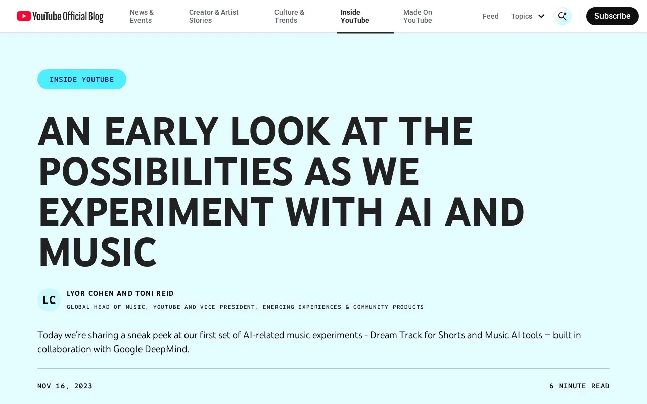 An early look our AI Music experiment - YouTube Blog homepage screenshot