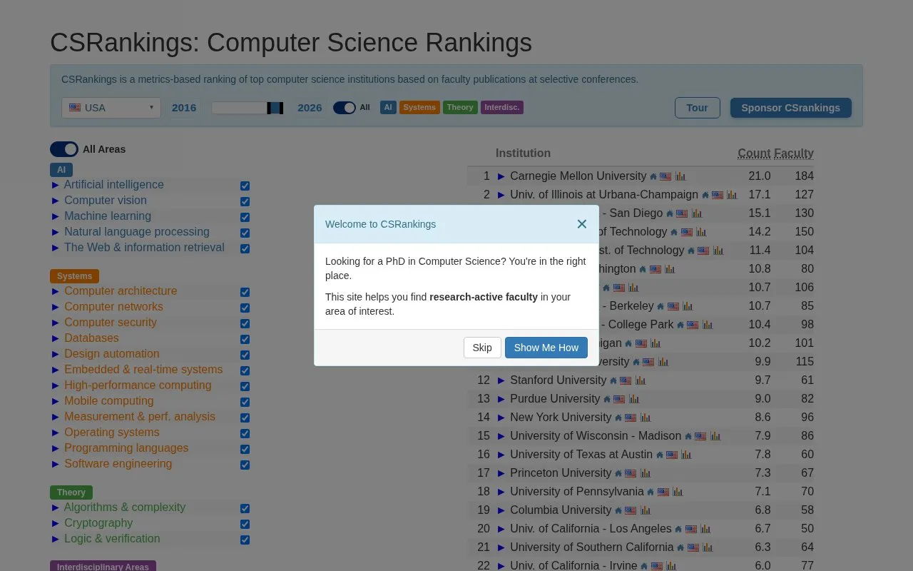 CSRankings homepage screenshot