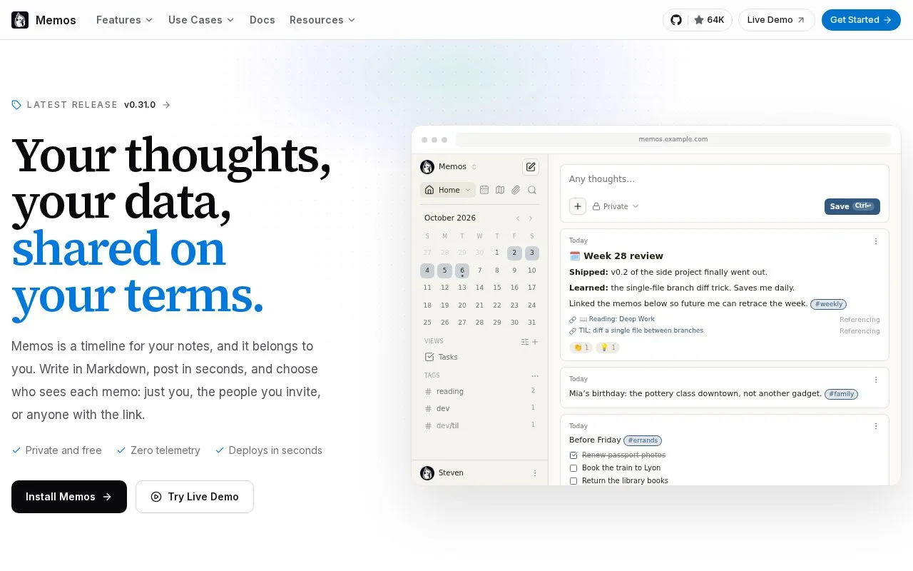 Memos homepage screenshot
