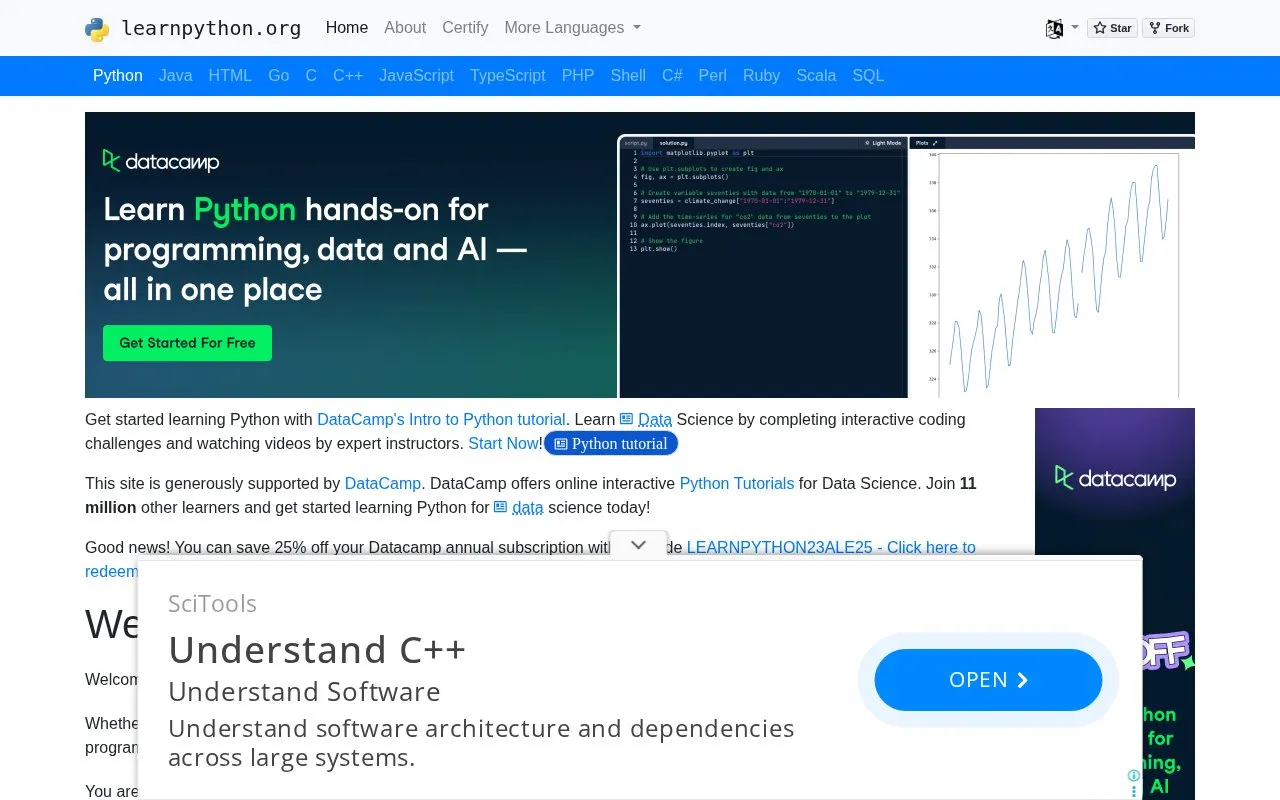 Learn Python homepage screenshot