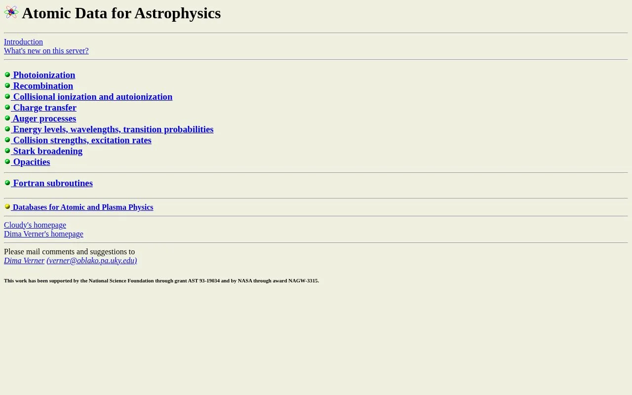 Atomic Data for Astrophysics homepage screenshot