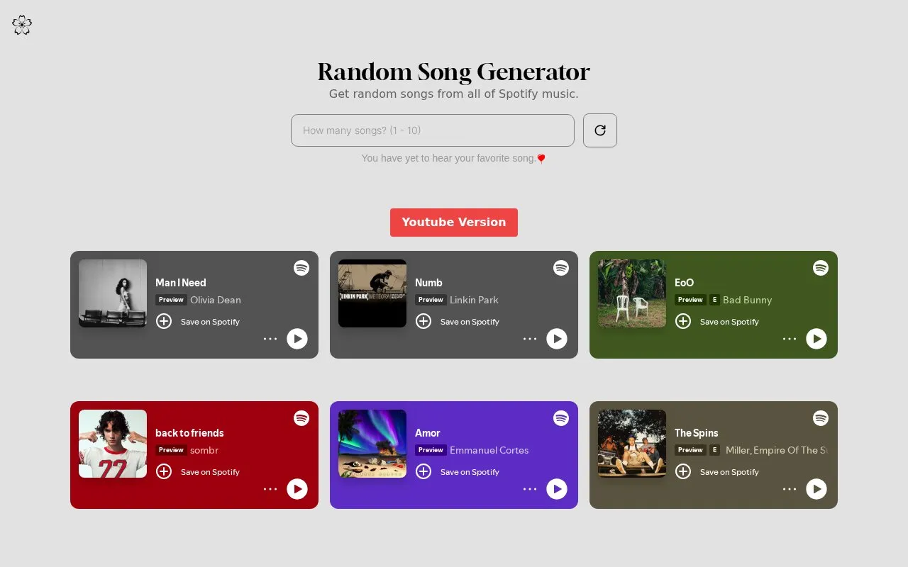 Random Song Generator homepage screenshot