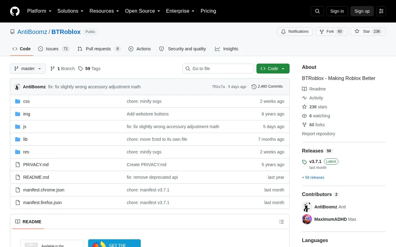 BTRoblox homepage screenshot